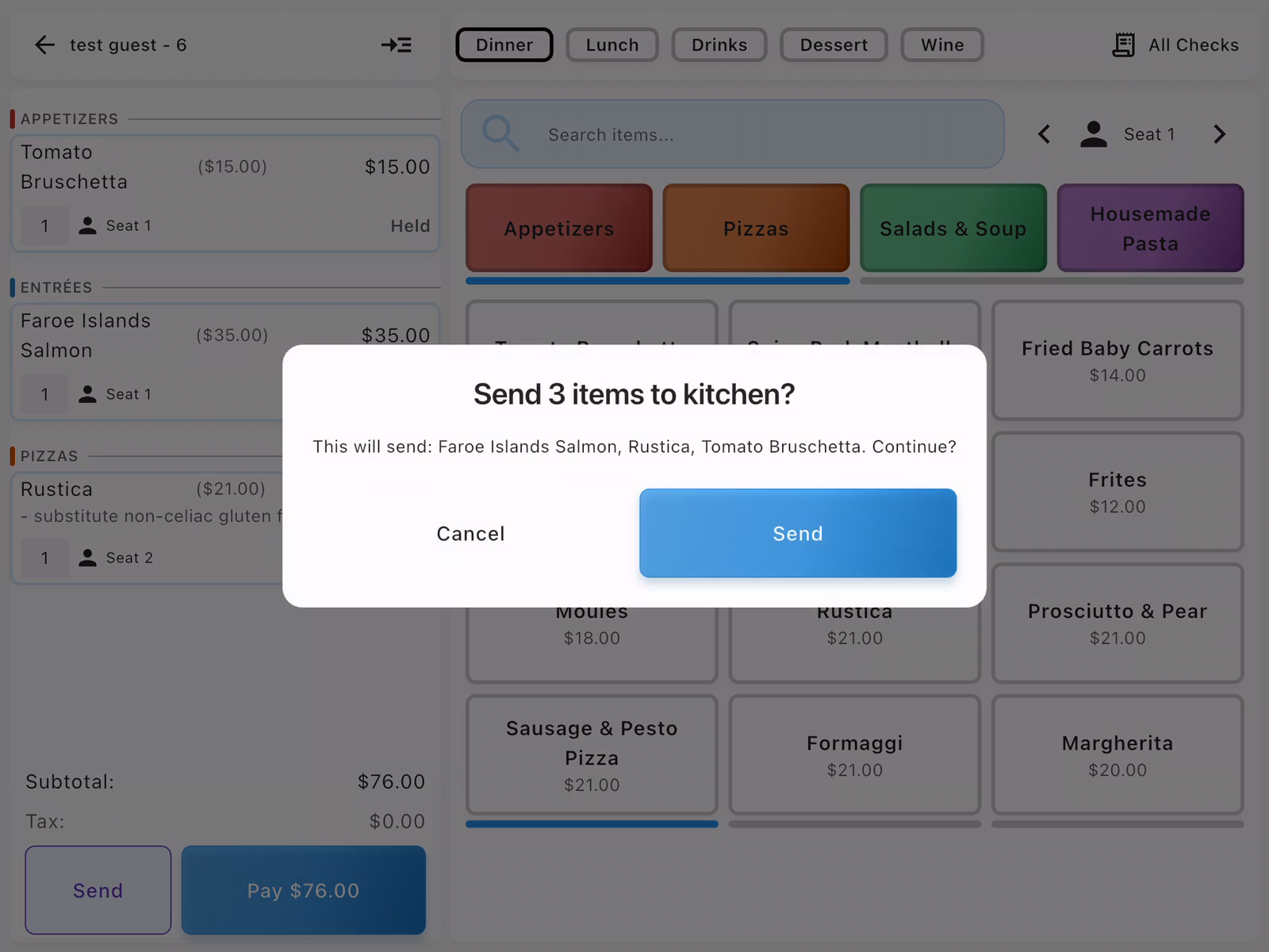 Send Items to Kitchen